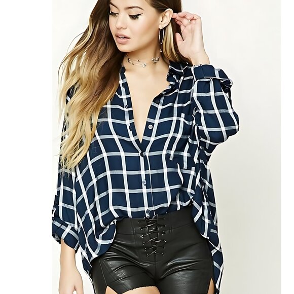 NEW NWT Womens Navy Blue Striped Plaid Button Up Lightweight Blouse Top LG or SM - Picture 5 of 6